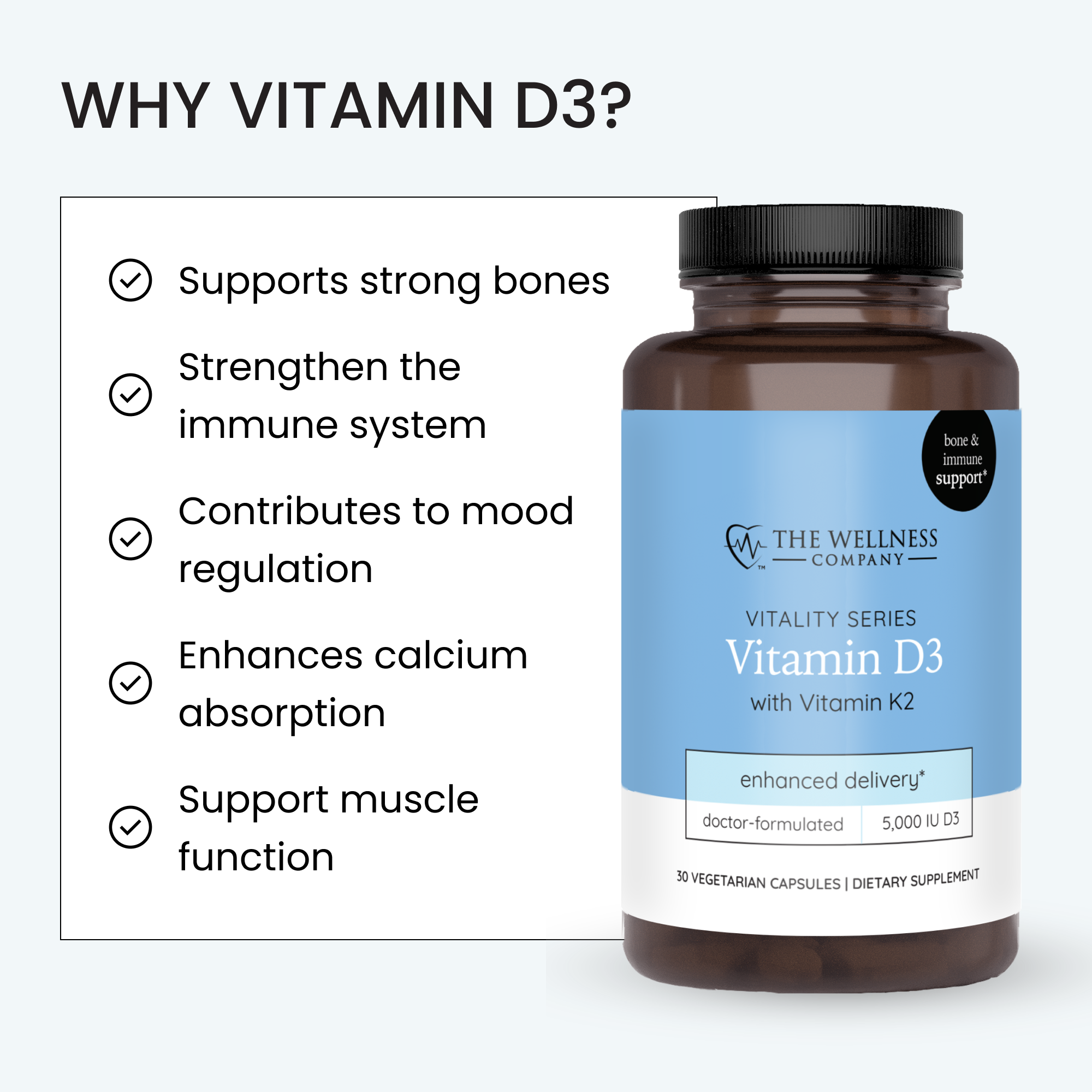 Vitamin D3 + K2 MK-7 Supplement for Bone & Immune Health - Vegan